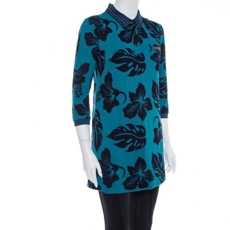 Pre Owned Prada Teal Blue Hawaiian Printed Cotton Pique Collared Tunic S