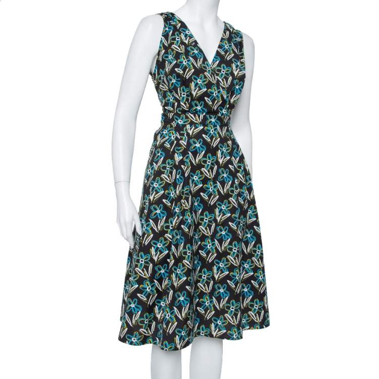 Prada Black Floral Printed Cotton Faux Wrap Flared Midi Dress L Prada | TLC