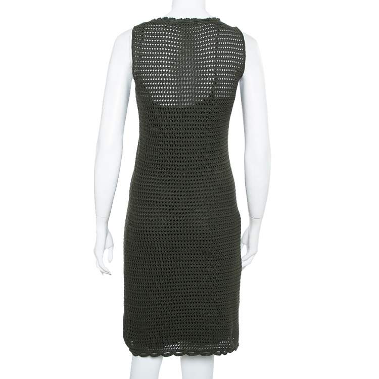 Pre Owned Prada Green Crochet Knit Sleeveless Midi Dress S