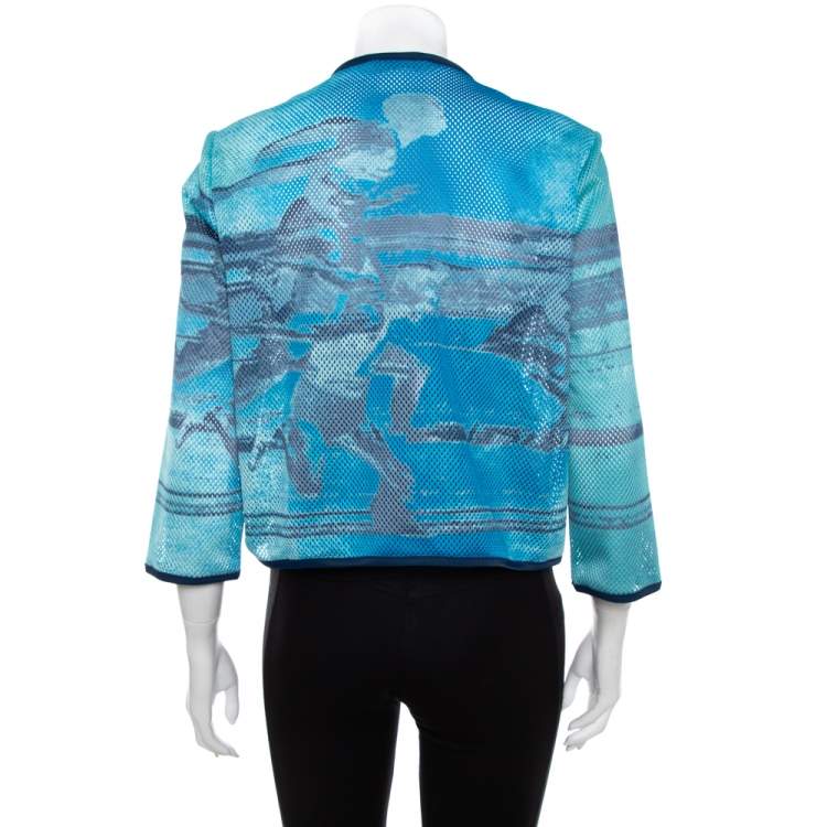 Pre Owned Prada Blue Abstract Print Perforated Zip Front Jacket L