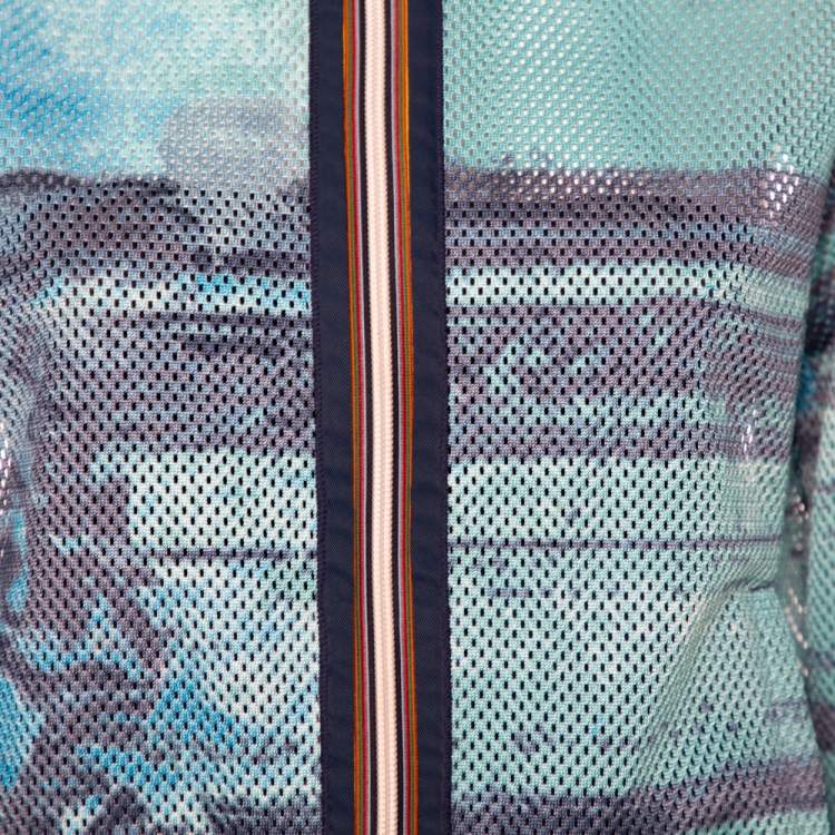 Pre Owned Prada Blue Abstract Print Perforated Zip Front Jacket L