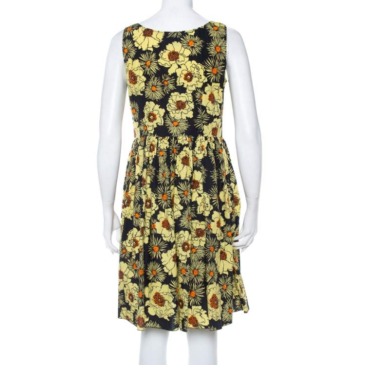 Pre Owned Prada Yellow Floral Printed Cotton Sleeveless Midi Dress M