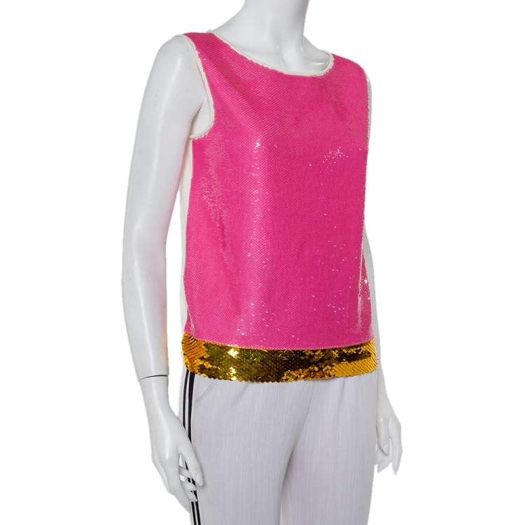 Pre Owned Prada Cream Knit Sequin Embellished Sleeveless Top M