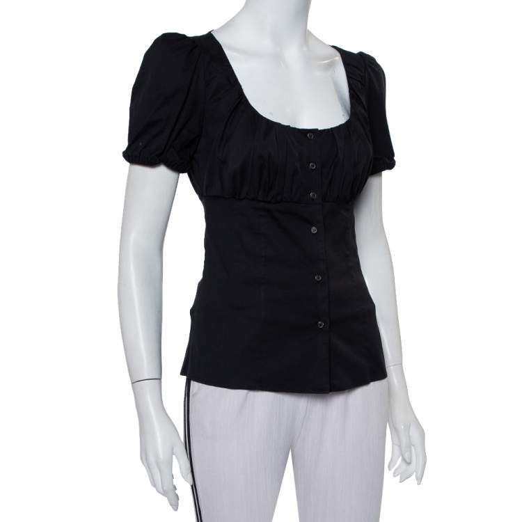 Pre Owned Prada Black Cotton Draped Scoop Neck Button Front Shirt S