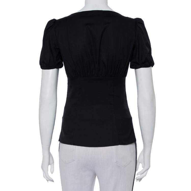 Pre Owned Prada Black Cotton Draped Scoop Neck Button Front Shirt S