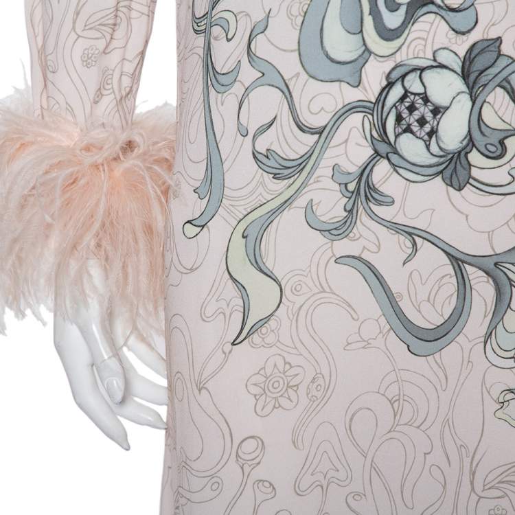 Pre Owned Prada Pink Printed Crepe Metal Hem & Feather Detail Sable Shift Dress M
