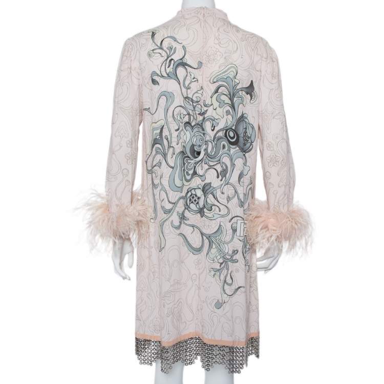 Pre Owned Prada Pink Printed Crepe Metal Hem & Feather Detail Sable Shift Dress M