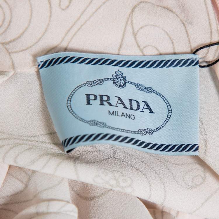 Pre Owned Prada Pink Printed Crepe Metal Hem & Feather Detail Sable Shift Dress M