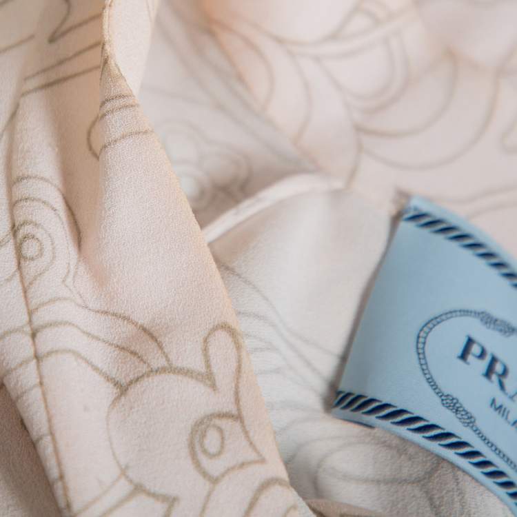 Pre Owned Prada Pink Printed Crepe Metal Hem & Feather Detail Sable Shift Dress M