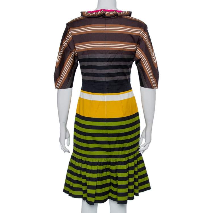 Pre Owned Prada Multicolor Striped Cotton Ruffled Midi Dress S