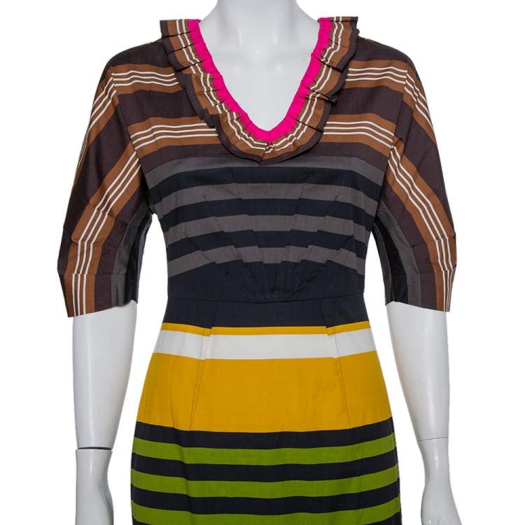 Pre Owned Prada Multicolor Striped Cotton Ruffled Midi Dress S