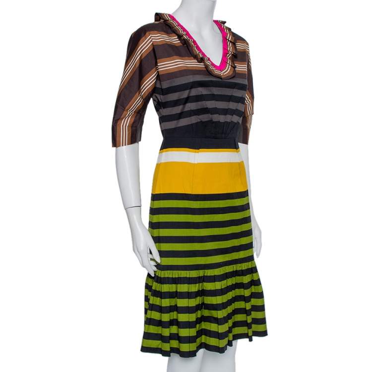 Pre Owned Prada Multicolor Striped Cotton Ruffled Midi Dress S