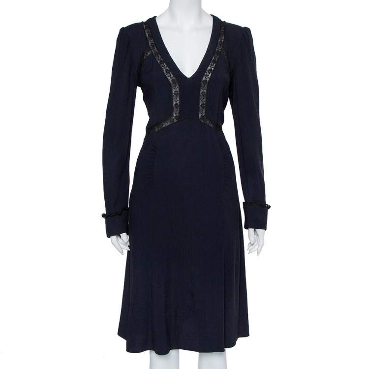 Pre Owned Prada Midnight Blue Crepe Lace Trim Midi Dress M