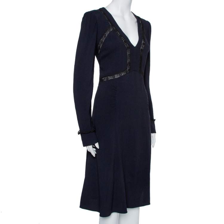 Pre Owned Prada Midnight Blue Crepe Lace Trim Midi Dress M