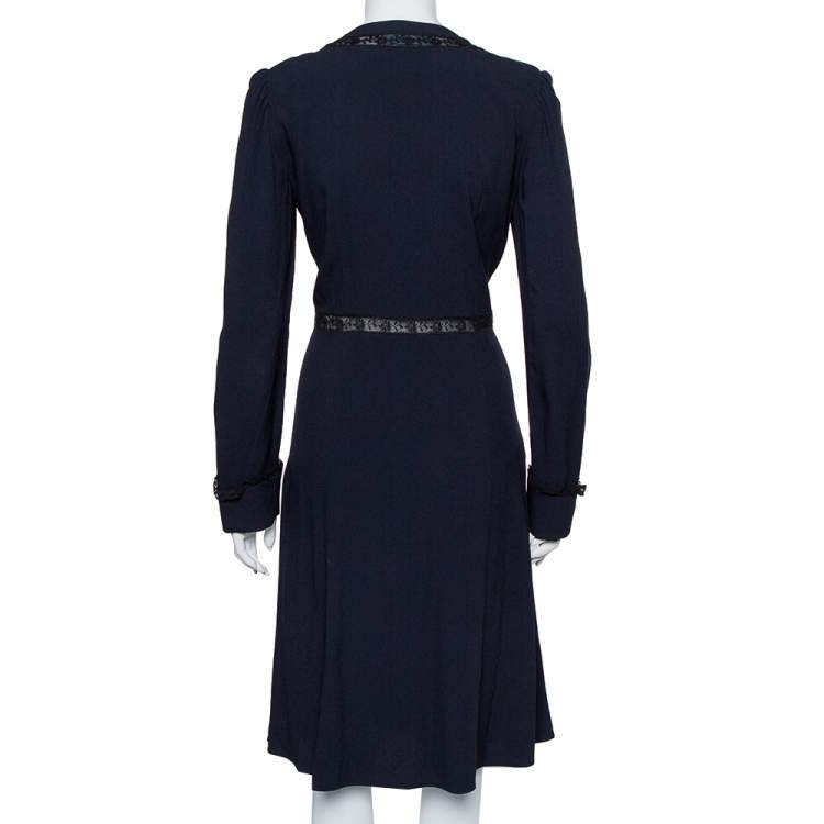 Pre Owned Prada Midnight Blue Crepe Lace Trim Midi Dress M