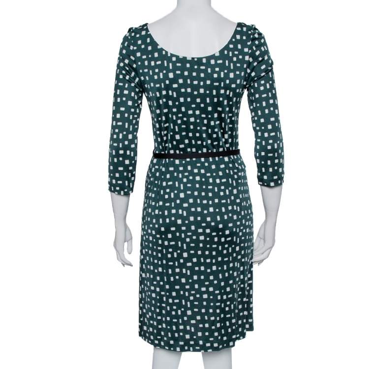 Pre Owned Prada Green Printed Silk Knit Belted Shift Dress M