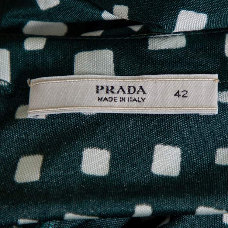 Pre Owned Prada Green Printed Silk Knit Belted Shift Dress M
