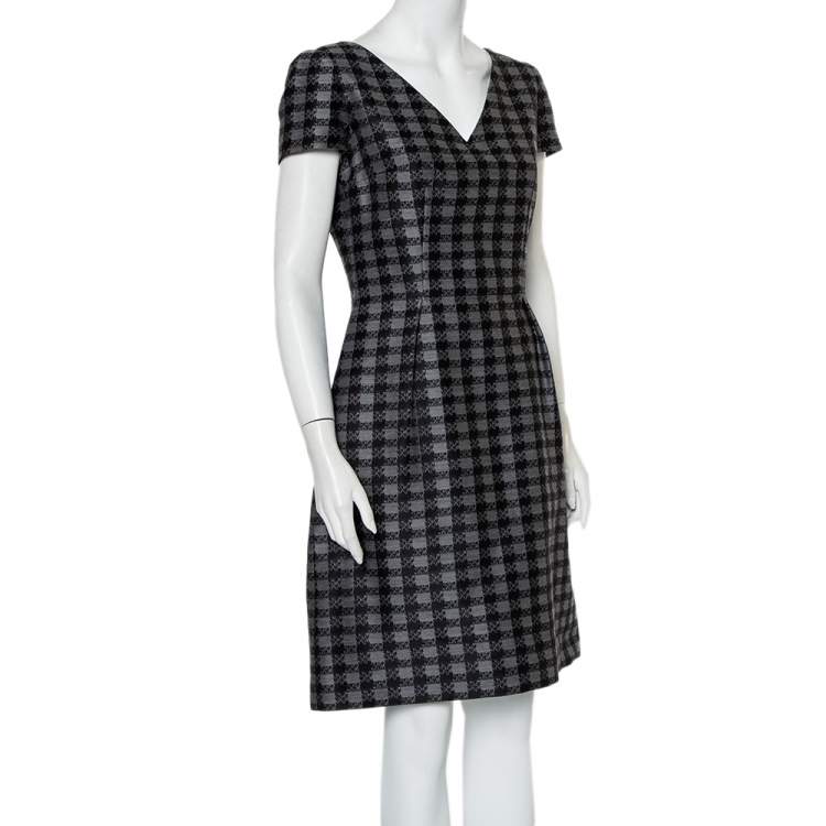 Pre Owned Prada Grey Checked Wool & Silk Blend A Line Dress M