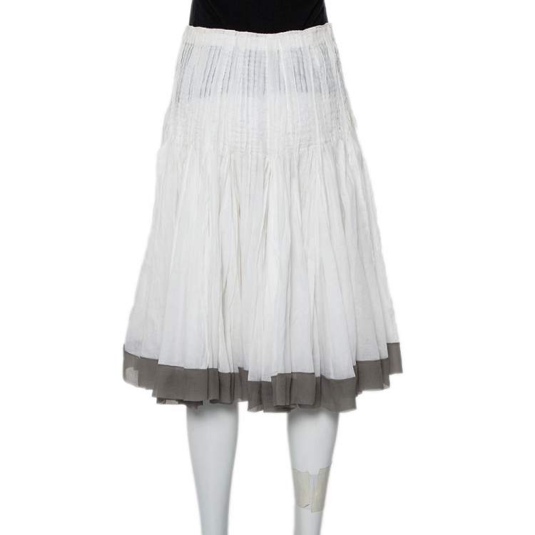 Pre Owned Prada Vintage White Cotton Contrast Trim Pleated Midi Skirt S