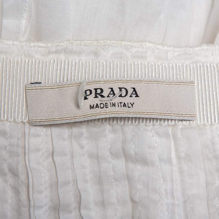 Pre Owned Prada Vintage White Cotton Contrast Trim Pleated Midi Skirt S