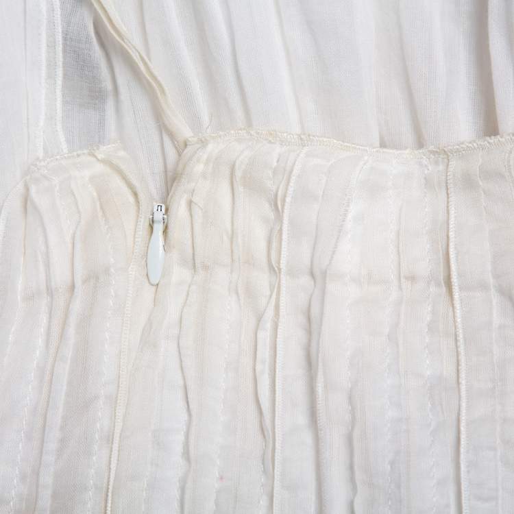 Pre Owned Prada Vintage White Cotton Contrast Trim Pleated Midi Skirt S