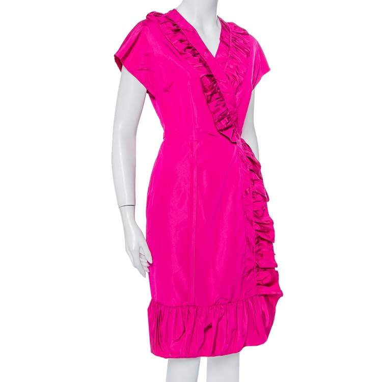 Pre Owned Prada Fuchsia Pink Silk Ruffled Mini Wrap Dress M
