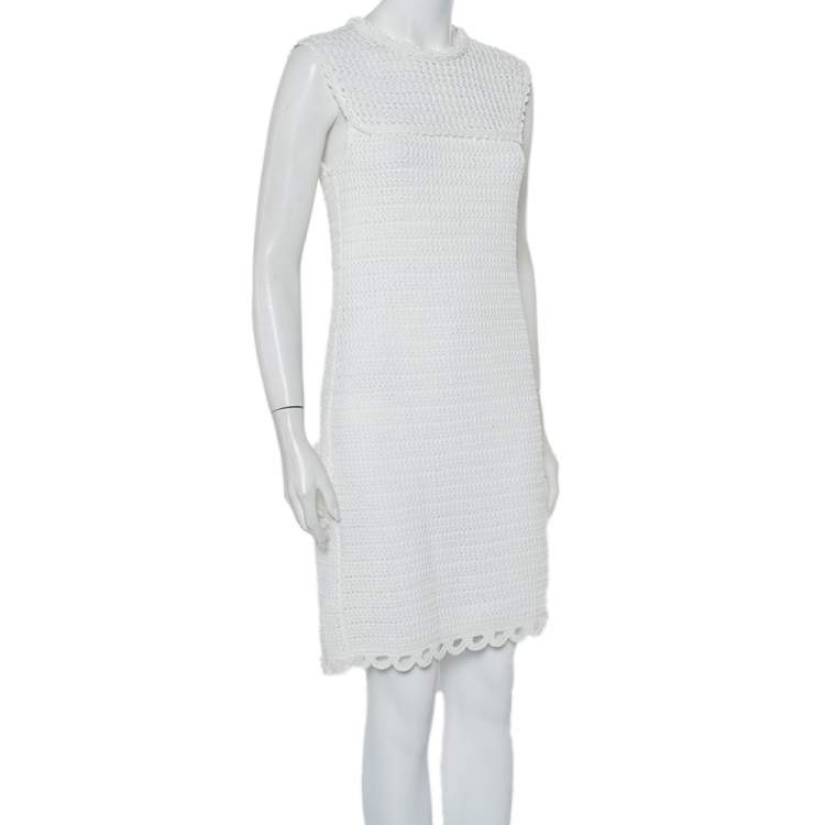 Pre Owned Prada White Crochet Sleeveless Mini Dress M
