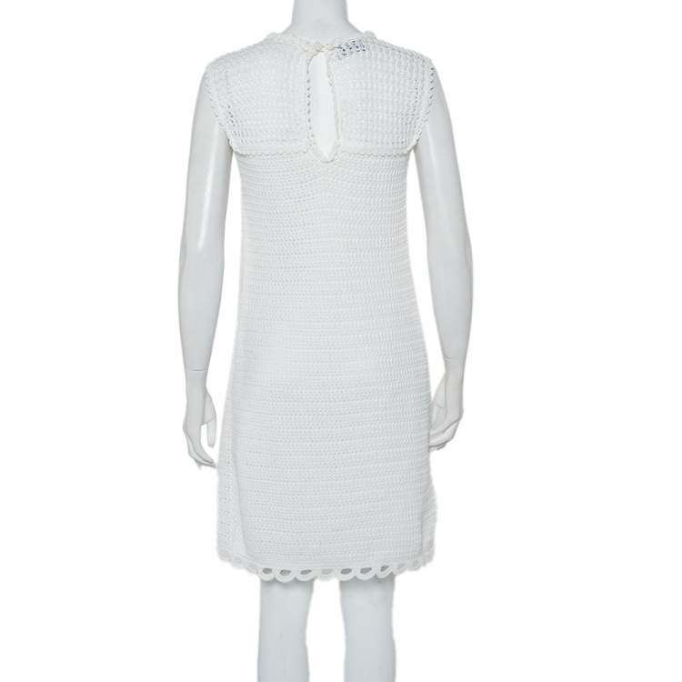 Pre Owned Prada White Crochet Sleeveless Mini Dress M