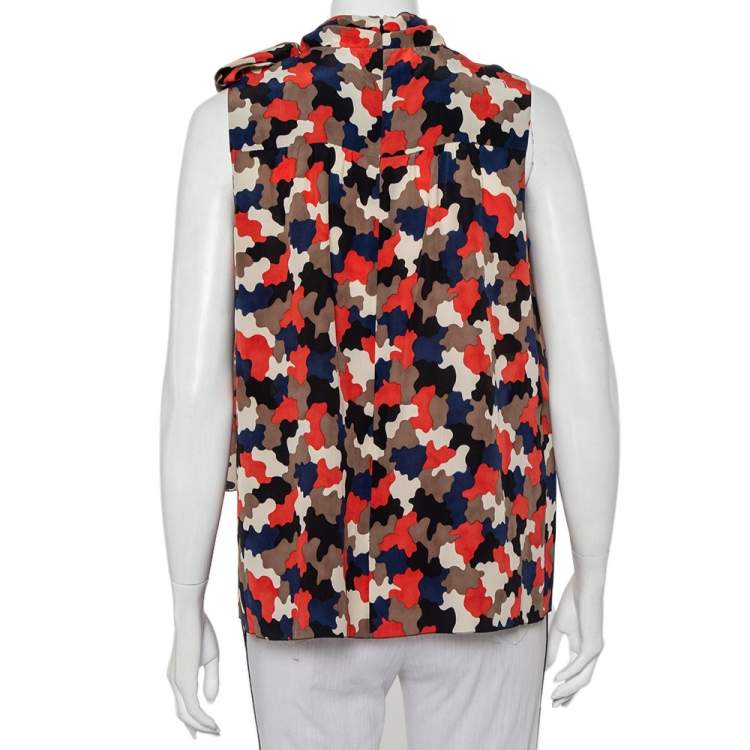 مملوكة مسبقًا Prada Multicolor Camo Printed Silk Neck Tie Detail Sleeveless Top M