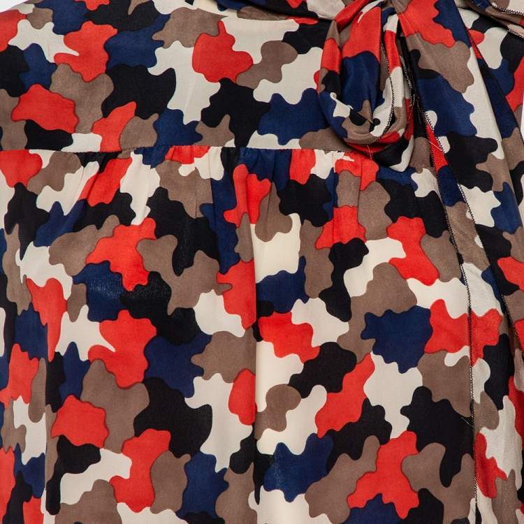 مملوكة مسبقًا Prada Multicolor Camo Printed Silk Neck Tie Detail Sleeveless Top M