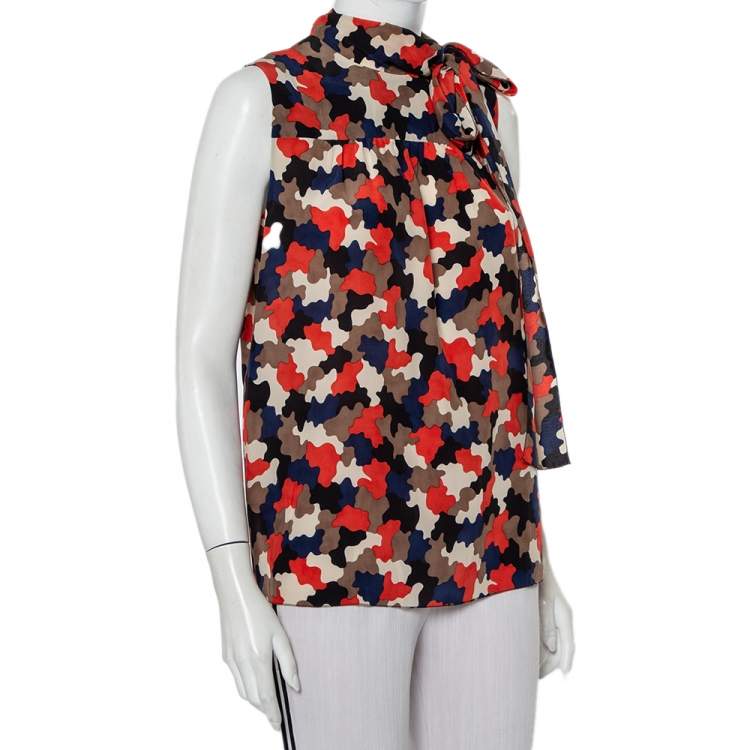 مملوكة مسبقًا Prada Multicolor Camo Printed Silk Neck Tie Detail Sleeveless Top M