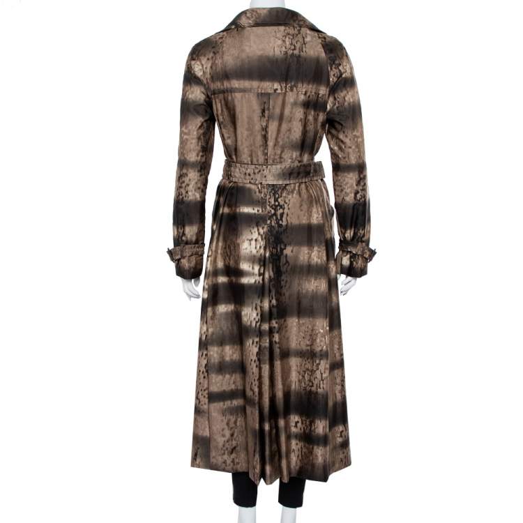 Pre Owned Prada Brown Animal Printed Synthetic Belted Double Breasted Trench Coat M
