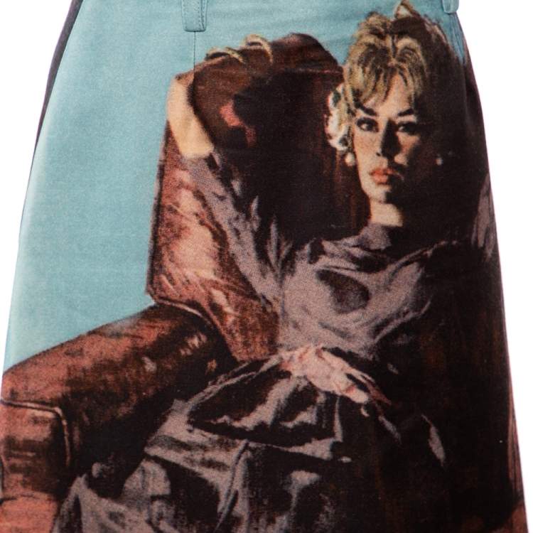 Pre Owned Prada Blue Abstract Printed Wool & Silk Knee Length Skirt S