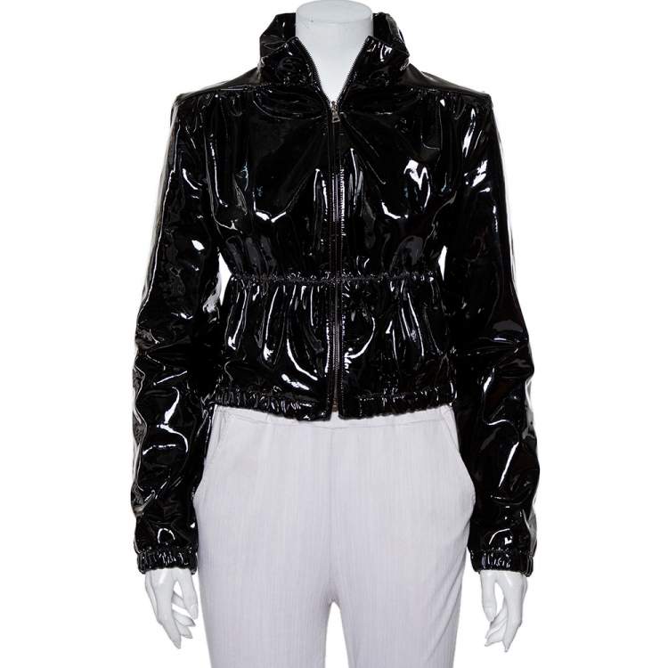 Pre Owned Prada Black Patent Leather Zip Front Jacket M