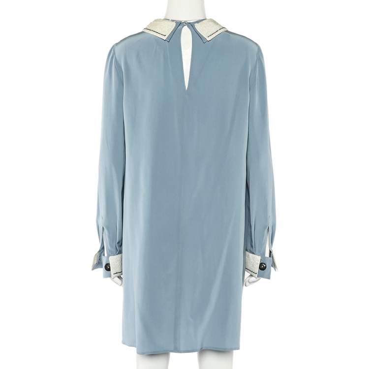 Pre Owned Prada Powder Blue Silk Sequin Embellished Trim Pleated Mini Dress M