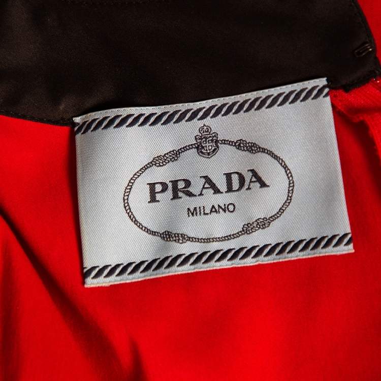 Pre Owned Prada Red & Black Cotton Belted Midi Dress M
