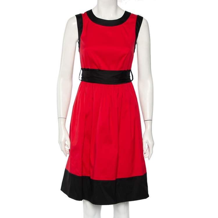 Pre Owned Prada Red & Black Cotton Belted Midi Dress M