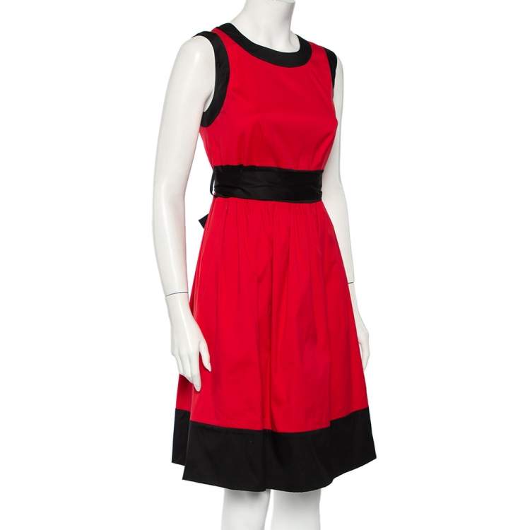 Pre Owned Prada Red & Black Cotton Belted Midi Dress M
