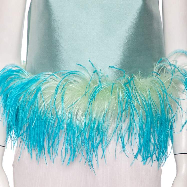 Pre Owned Prada Blue Wool & Silk Feather Trim Sleeveless Top S