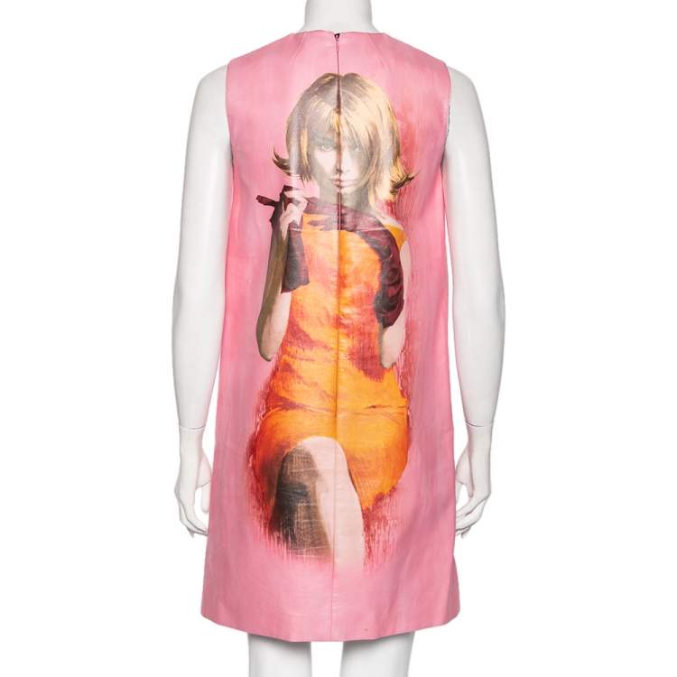 Pre Owned Prada Pink printed Faux Leather Sleeveless Shift Dress S