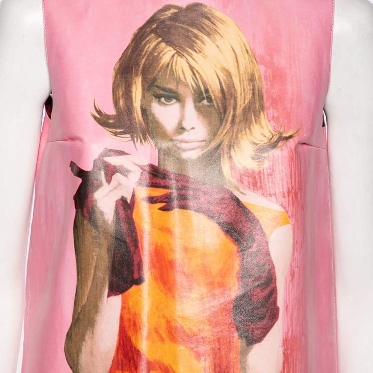 Pre Owned Prada Pink printed Faux Leather Sleeveless Shift Dress S