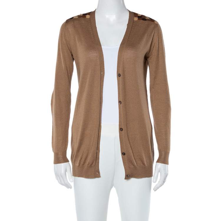 Pre Owned Prada Camel Brown Wool Contrast Detail Button Front Cardigan S