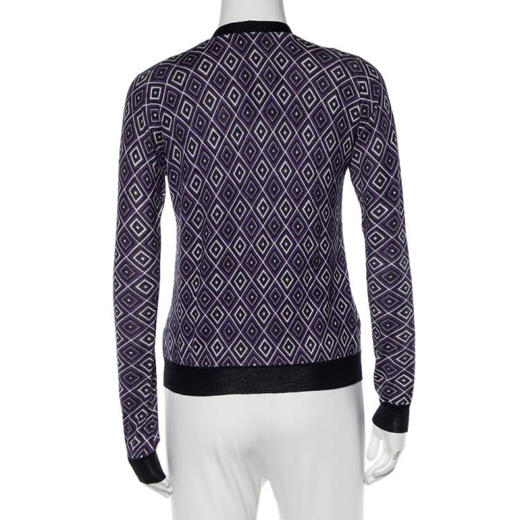 Pre Owned Prada Purple Geometric Patterned Wool & Silk Button Front Cardigan S