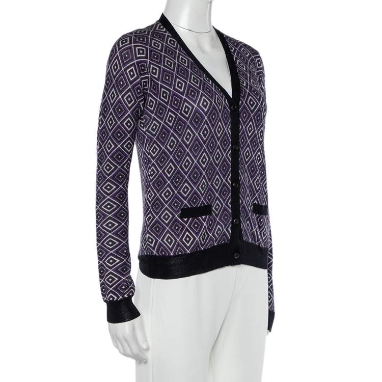 Pre Owned Prada Purple Geometric Patterned Wool & Silk Button Front Cardigan S
