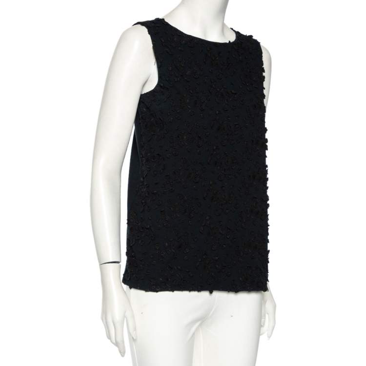 Pre Owned Prada Navy Blue Cotton Flower Applique Sleeveless Top L 