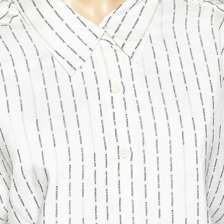مملوكة مسبقًا Prada White Logo Printed Neck Strip Detail Oversized Shirt XL