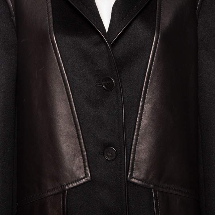 Pre Owned Prada Black Wool And Leather Paneled Button Front Long Coat S