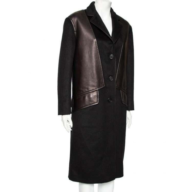 Pre Owned Prada Black Wool And Leather Paneled Button Front Long Coat S