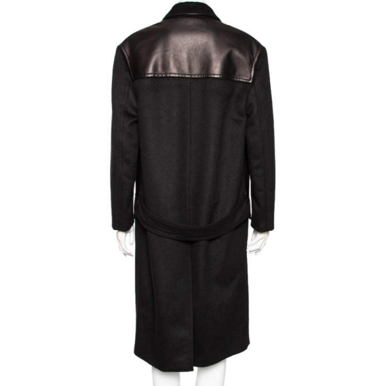 Pre Owned Prada Black Wool And Leather Paneled Button Front Long Coat S