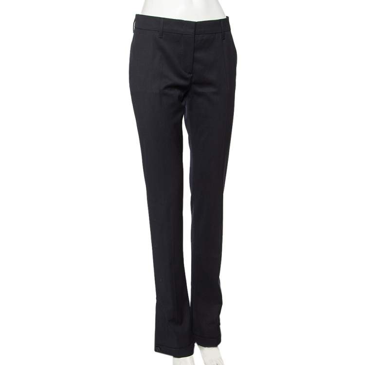 Pre Owned Prada Navy Blue Wool Button Hem Detail Flared Leg Pants M